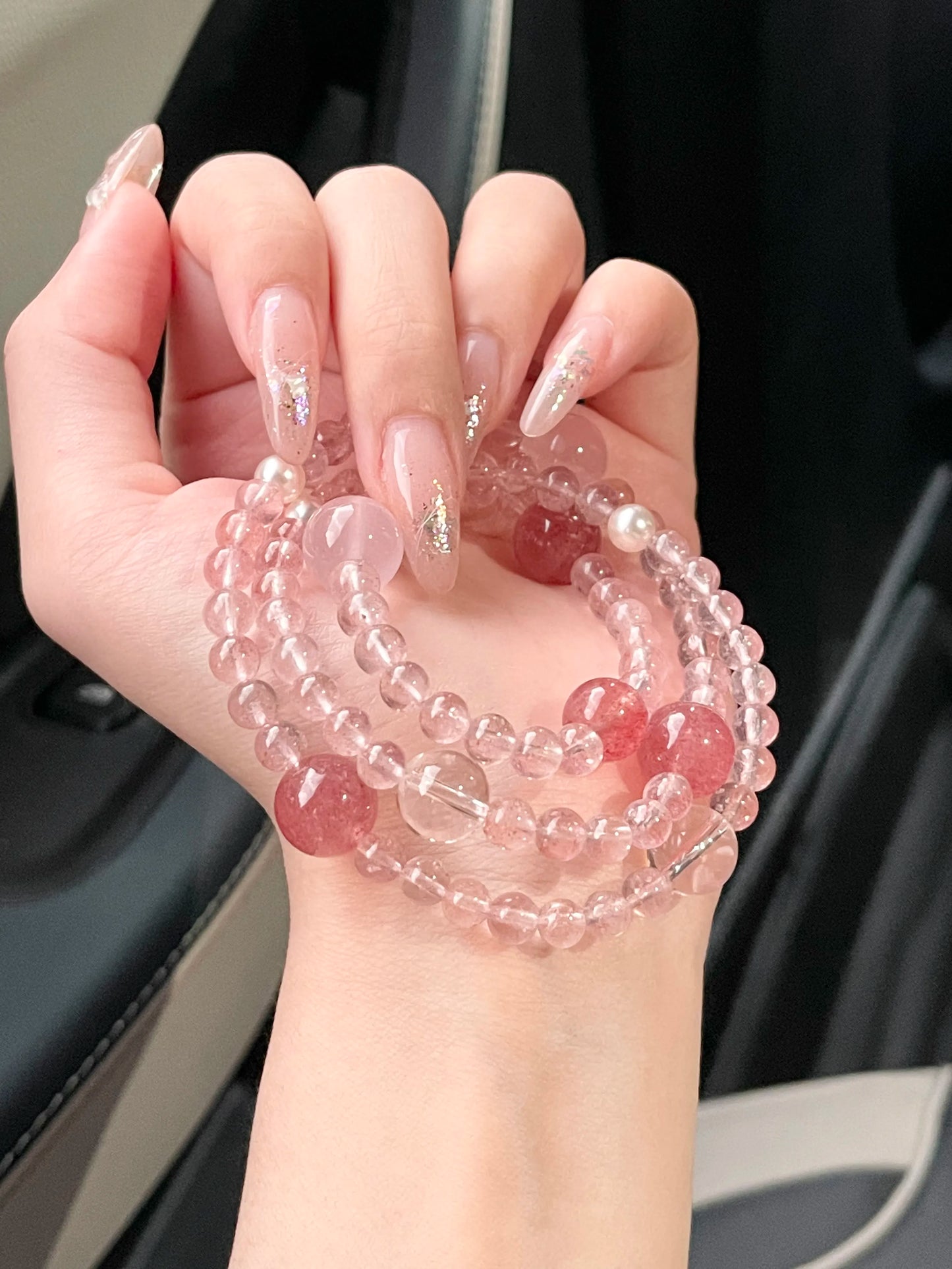 Luminous crystal original design Strawberry Quartz Three-Loop Bracelet