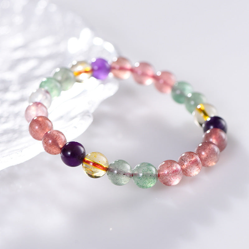 Bracelet en perles rondes en quartz fraise naturel, cercle unique, couleur arc-en-ciel