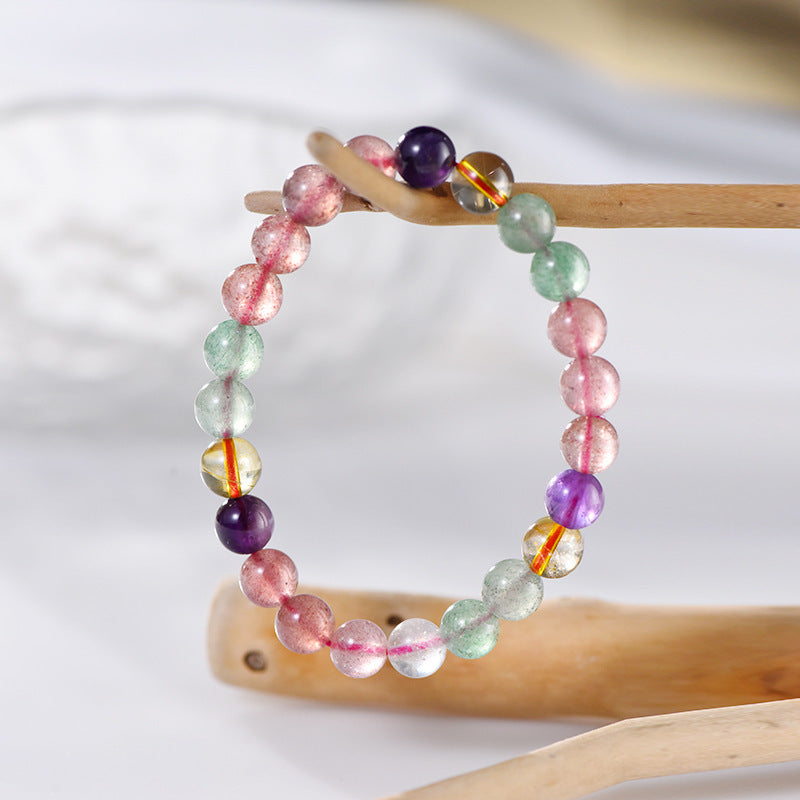 Bracelet en perles rondes en quartz fraise naturel, cercle unique, couleur arc-en-ciel