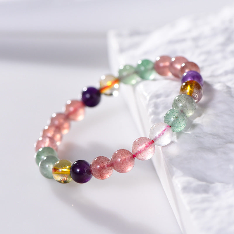 Bracelet en perles rondes en quartz fraise naturel, cercle unique, couleur arc-en-ciel