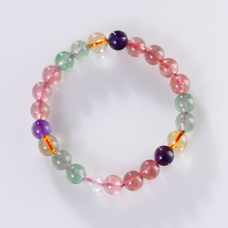 Bracelet en perles rondes en quartz fraise naturel, cercle unique, couleur arc-en-ciel