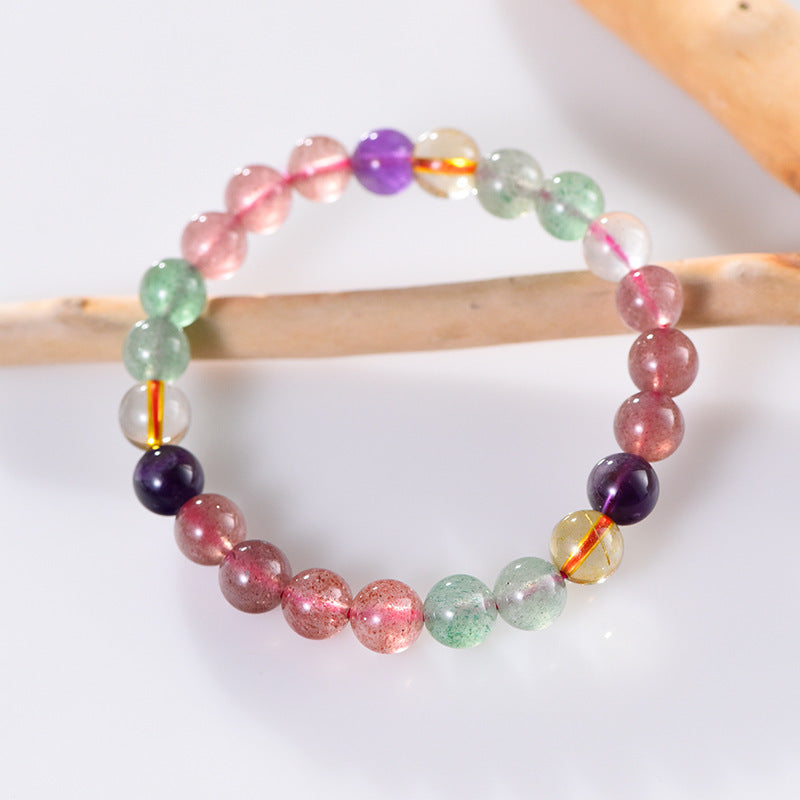 Bracelet en perles rondes en quartz fraise naturel, cercle unique, couleur arc-en-ciel